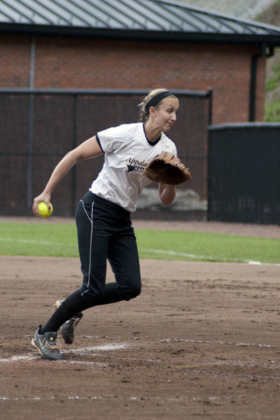 Senior pitcher Caitlyn Wainright winds up to deliver some heat Saturday afternoon versus Georgia Southern. The Mountaineers suffered a 0-2 loss against the Eagles at home. Courtney Roskos | The Appalachian 