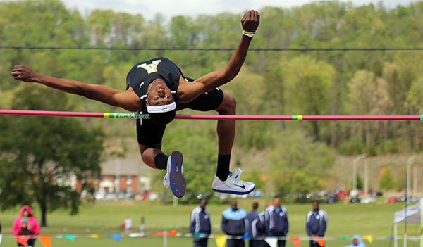 Freshman D.J. Saunders competes in the final round of the high jump, which earned him a conference title. The men’s and women’s teams won the SoCon conference meet in Cullowhee over the weekend.   Paul Heckert  |  The Appalachian 