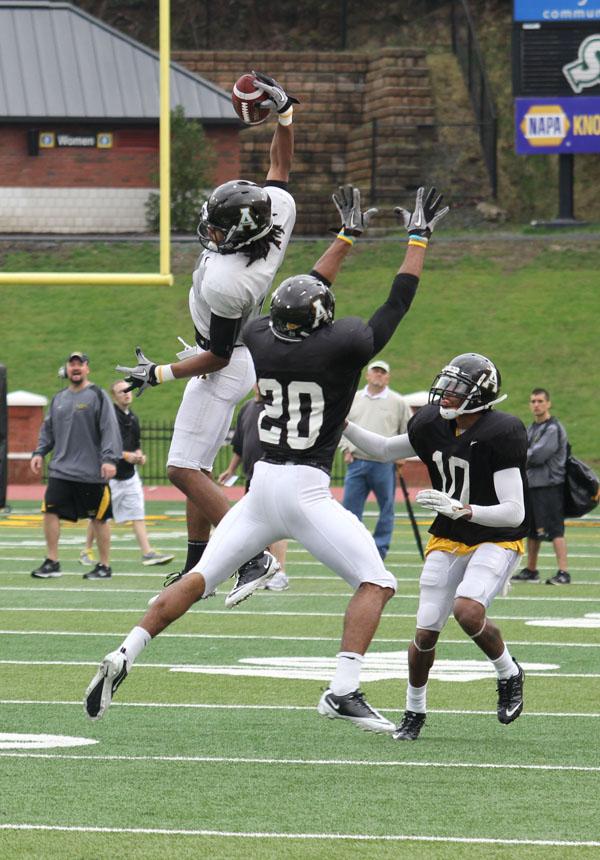 Sophomore wide receiver Sean Price makes a one-handed grab in Saturday morning’s scrimmage. Price finished the spring practice game with four receptions, gaining 60 yards.  Paul Heckert  |  The Appalachian 