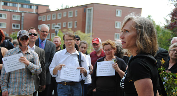 Tenured ASU professor Jammie Price addresses her supporters after meeting with administrators about her future at the university.  Photo by Olivia Wilkes  |  The Appalachian