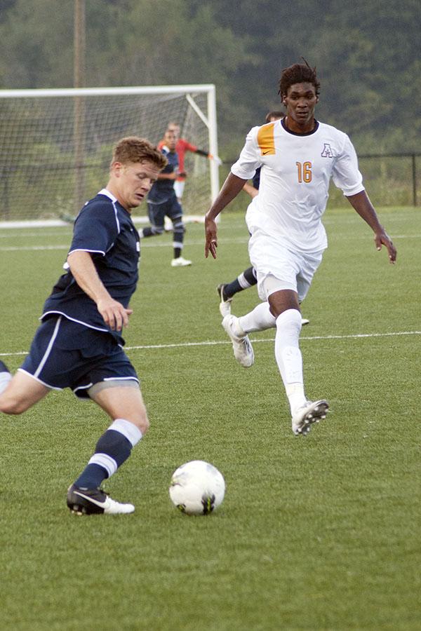 ASU's Josiah Trower runs to try and intercept the ball at Friday's game. ASU beat ETSU 1-0. Courtney Roskos | The Appalachian