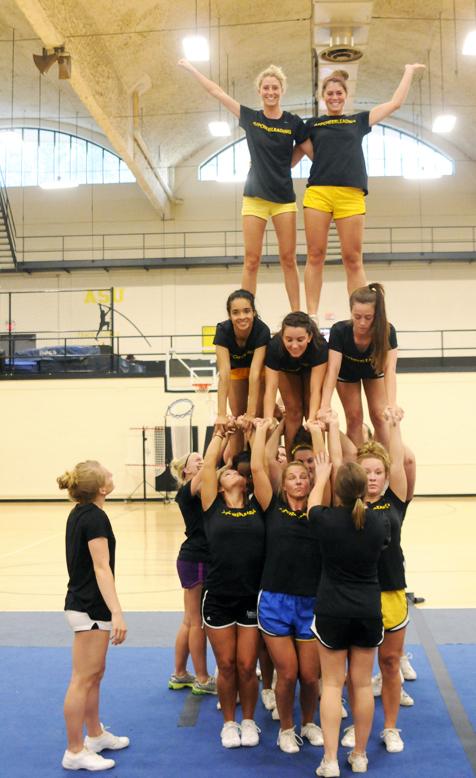 The varsity cheerleaders practice Tuesday night for their upcoming performance at East Carolina Saturday. Conor McClure | The Appalachian