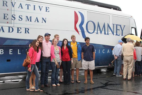 Several members of ASU College Republicans pose in front of the Romney/Ryan east coast campaign bus. The bus was parked outside of the Watauga GOP Headquarters located next to Harris Teeter on Shadowline Drive. Paul Heckert | The Appalachian