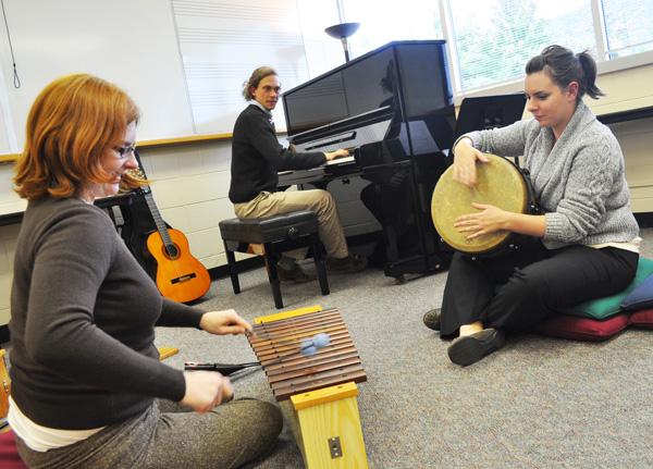 Supervisor of the music therapy program Caroll Greene plays with music therapy graduate student Tim Honig and Jacquelyn Blankenship. The music therapy program is open to all ASU students and takes place in Broyhill Music Center Tuesday afternoons from 3:30-4:20. Maggie Cozens | The Appalachian