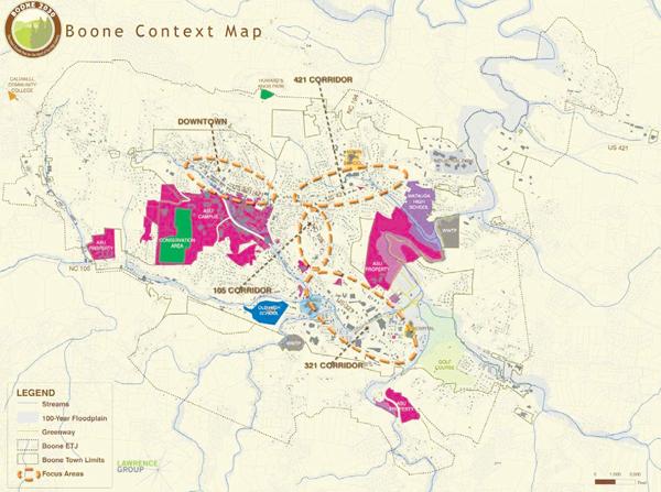 The town of Boone has been creating a 2030 Land Use Plan that will focus on the development of downtown, the 421 corridor and the 105 and 321 corridors. The town has been collaborating with Appalachian State University's development plans, with campus buildings highlighted in pink on the map. Photo Courtesy Town of Boone