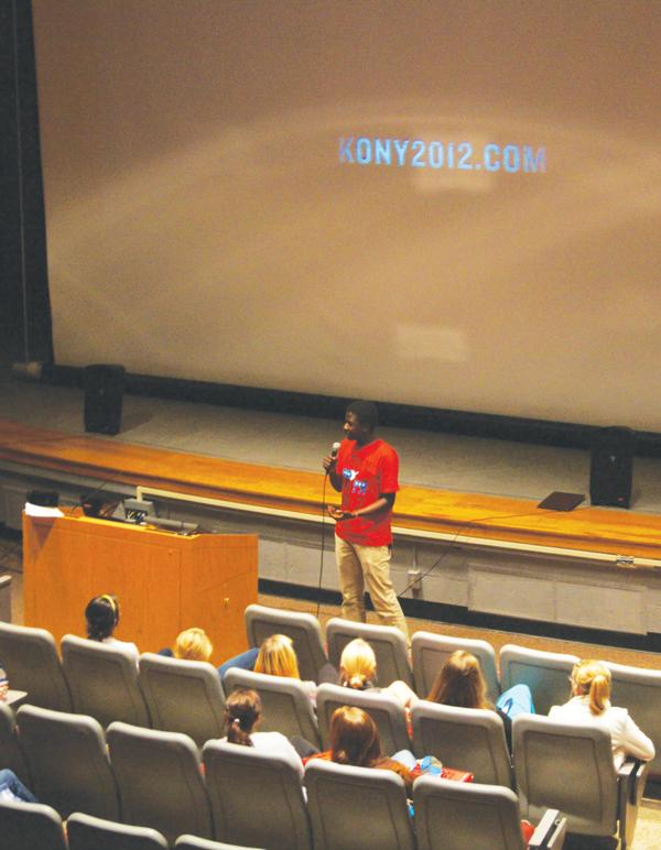 Pacotoo Gabriel, a nineteen year-old from Uganda, speaks at an Invisible Children movie screening in I.G. Greer Tuesday night. Amy Kwiatkowski | The Appalachian