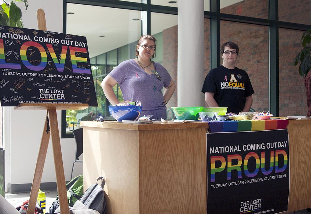 Junior social work major Alison Rocheleau and freshman physics major Nicholas Phillips run the LGBT Center's booth Tuesday in Plemmons Student Union.Courtney Roskos | The Appalachian