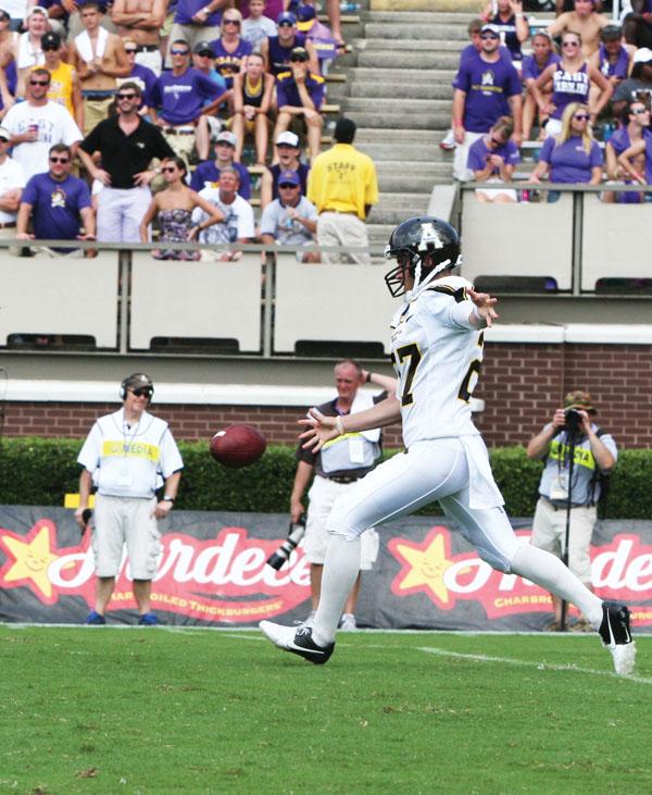 Senior placekicker Sam Martin prepares to kick the ball down the field during the game against ECU last month. Amy Birner | The Appalachian