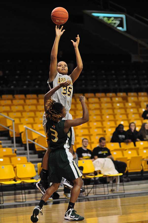 Freshman guard/forward Bria Huffman shoots for a basket during Friday's game against Lees-McRae. Appalachian took the victory, 91-54. Justin Perry | The Appalachian