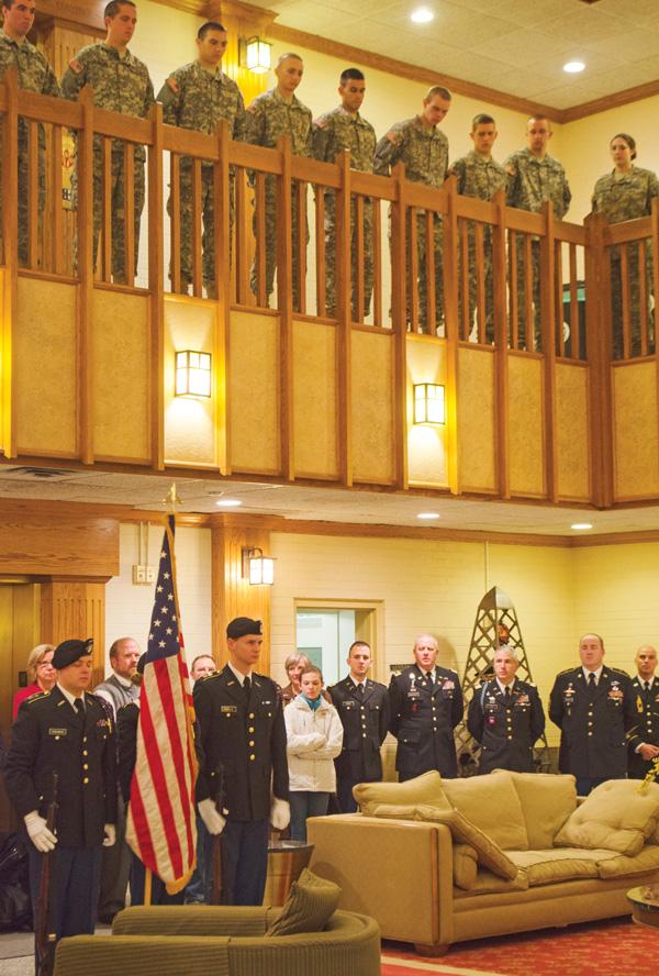 ROTC members stand at attention while the National Anthem is played during the Veterans' Day event, hosted at B. B. Dougherty on Monday morning. Guest speakers included Chancellor Peacock, Professor and NC Poet Laureate Joseph Bathanti, and student and Army veteran Eric Loew. Bowen Jones | The Appalachian