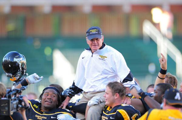 Coach Jerry Moore is carried off the field after coaching his 200th game at Appalachian in 2005. Moore announced his resignation Sunday afternoon, according to a press release. Photo Courtesy Appalachian Athletics