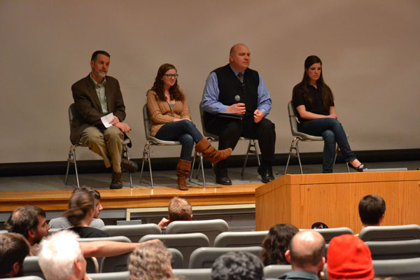 (From left to right) Jeff Ramsdell from the geology department, Lexy Bridges from Fossil Free Appstate, manager New River Light and Power Ed Miller and Allie Garrett, chair of the Renewable Energy Initiative speak as a panel after the movie ‘Switch.’ The film covered the issues of moving from a fossil-fuel dependent society to a renewable energy-based society.