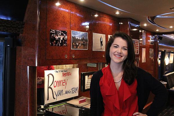 Former College Republicans Chairwoman Kelsey Crum poses for a shot at Mitt Romney's campaign bus desk. Crum is the new director of Constituent Services under Lt. Gov. Dan Forest in Raleigh.