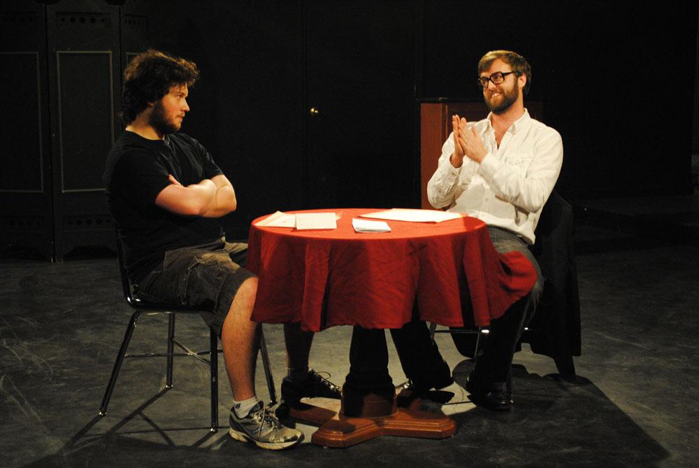 Senior Victor Rivera (Left) and senior Jack Lafferty (Right) rehearse ‘Glengarry Glen Ross.’ The play will show in I.G. Greer on Friday and Saturday at 7:30 p.m.  Nicole Debartolo | The Appalachian 