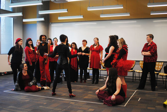 The cast of “The Vagina Monologues” practices a skit during rehearsal in Plemmons Student Union over the weekend.  The show will be performed Feb. 13-15 at 7 p.m. in the Blue Ridge Ballroom of the student union.