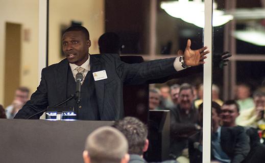 Professional baseball veteran Orlando Hudson speaks at the second annual Hot Stove First Pitch Banquet on Saturday. The baseball team listened to his experiences in the MLB.