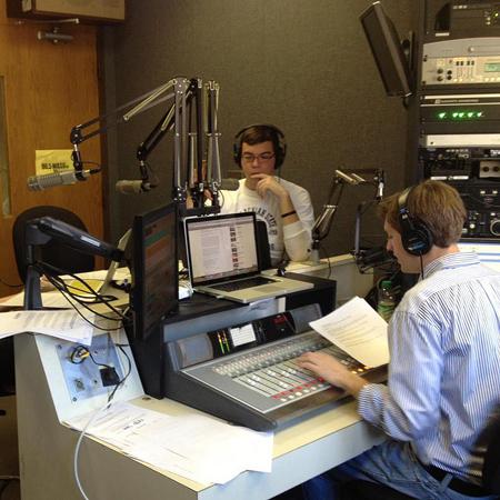 Junior electronic media broadcasting major Christian Morgan and senior electronic media broadcasting major Bradlee Mikeska sit on the studio for WASU’s new morning show Wake Yosef Up. The show is on Wednesday morning from 8-10 a.m.  Christian Morgan | The Appalachian