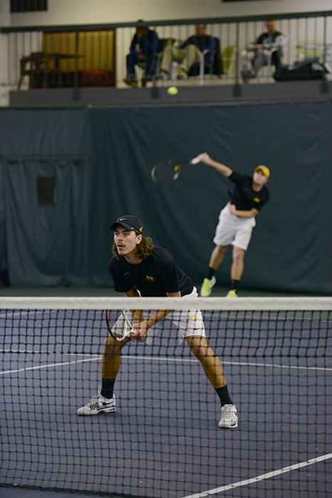 Freshman Zach Bost and junior Sebastien King team up against East Tennesse State University Saturday afternoon. The Mountaineers lost to the Buccaneers 1-6. 