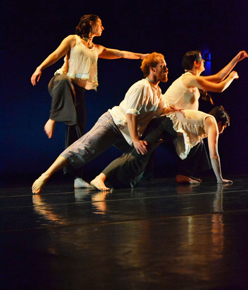 Dancers pose in 'As The Rain Rises and Falls, So My Spirit...' on a Sunday rehearsal in Valborg Auditorium. The showcase will take place in Valborg Feb. 27 – March 2 at 7:30, tickets are $8 for students.  Mark Kenna | The Appalacian