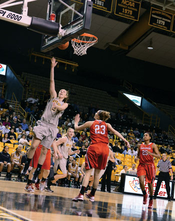 Sophomore forward Maryah Sydner attempts a layup in Saturday's game against Davidson. Sydner was the top scorer with 18 points as The Mountaineers lost to the Wildcats 56-49.