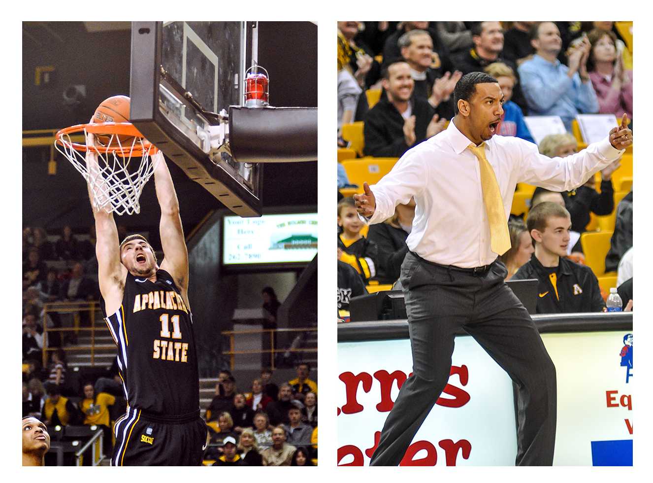 (Right) Head coach Jason Capel reacts to a foul play. (Left) Nathan Healy dunks the ball in a game against Chattanooga. Healy joined the team as a walk-on a freshman in Capel’s first year as head coach.  Justin Perry  |  The Appalachian 