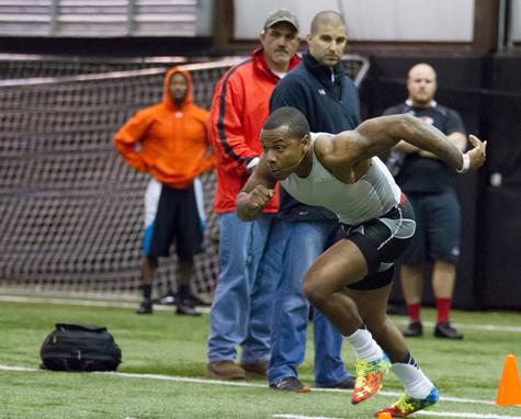 Safety Troy Sanders performs speed and agility drills for NFL scouts and position coaches on Pro Day Monday at the Sofield Family Indoor Practice Facility.  Tyler Buckwell  |  Courtesy Photo