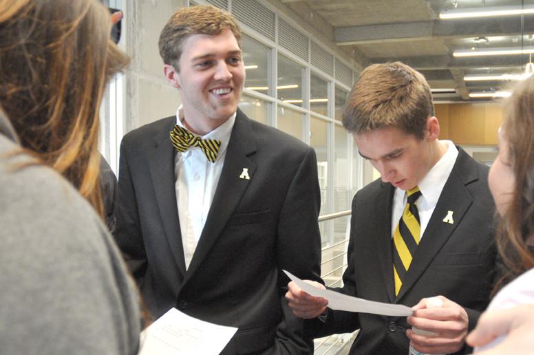Presidential candidate Dylan Russell and his vice presidential running mate Michael Page read the official results of the SGA elections. Russell and Page won with 80 percent of the vote.  Justin Perry | The Appalachian