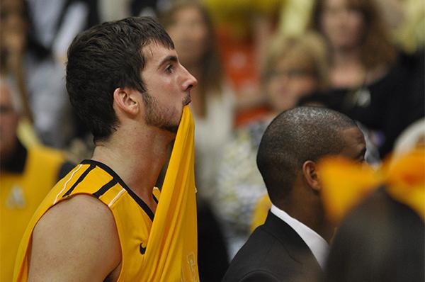 Senior forward Nathan Healy reacts to Appalachian's loss against Davidson in the semifinal round of the SoCon Tournament. The Mountaineers held their ground against the Wildcats but a narrowly missed three pointer at the buzzer handed the win to Davidson with a final score of 65-62.  Justin Perry  |  The Appalachian