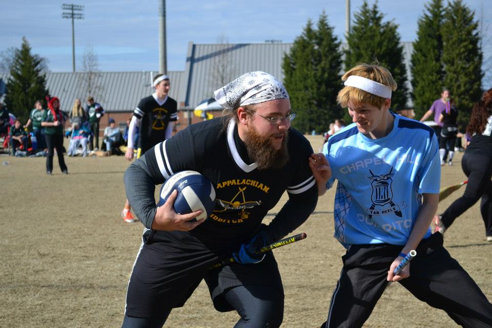  App State graduate student, QCC captain and Appalachian Quidditch chaser Nathan Love drives the quaffle down the pitch in the championship game against UNC-CH last Saturday. Appalachian lost to UNC-CH 120-40.  Ellie Belcher  |  Courtesy Photo