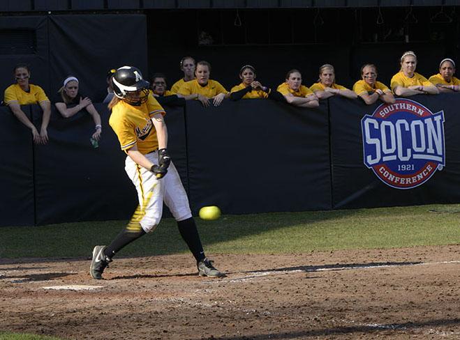 Sophomore outfielder Ashley Seering hits her first home run of the season in Tuesday’s game against Winthrop University. The Mountaineers flew by the Eagles 9-7.  Courtney Roskos  |  The Appalachian