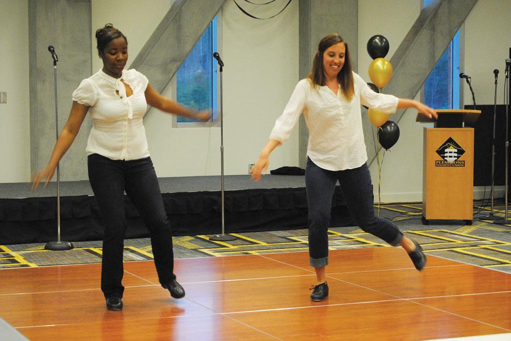 Cierra Lacey and Jill Wagers tap danced to ‘No Diggity’ by Blackstreet at The Order of the Black and Gold’s Soul Night. The event was held in Plemmons Student Union at 7 p.m. on Sunday.  Nicole Debartolo  |  The Appalachian