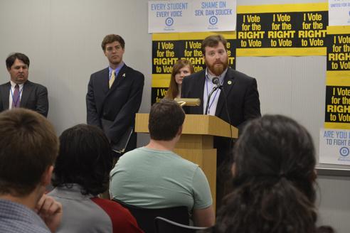 Boone Town Councilman and Appalachian alumnus Andy Ball address the kick-off press conference for the College Democrat-sponsored ‘I Vote’ campaign Wednesday in Plemmons Student Union.  Aniesy Cardo  |  The Appalachian 