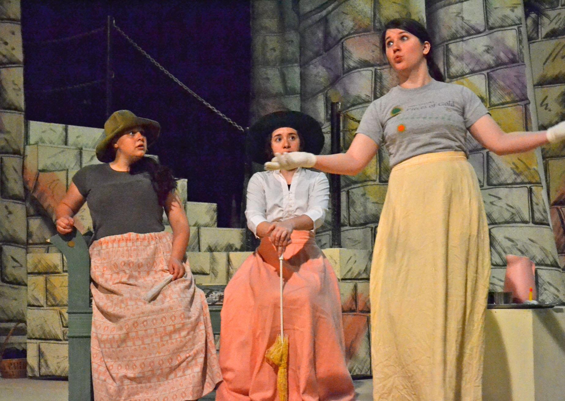 (L-R) Junior theatre performance major Savannah Core, senior theatre performance major Alyssa Maley and senior theatre arts major Emma Holland rehearse for ‘The Madwoman of Chaillot.’ earlier this week. The satirical fairy tale for adults will be showing in Valborg Theatre April 24-27 at 7:30 p.m. with a matinee performance April 28 at 2 p.m.  Mark Kenna  |  The Appalachian