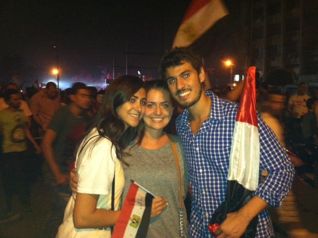 Appalachian alumnus Lena Aloumari, center, stands at a protest at Itahedeya, the Presidential Palace in Heliopolis, Wednesday after the announcement President Morsi was removed from power.  Photo submitted