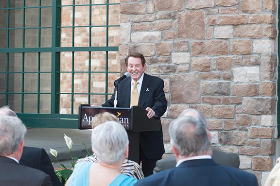 Appalachian alumnus George Beasley speaks at the dedication of the George G. Beasley Media Complex on Thursday. The 18,000 square-foot media complex will house classrooms and broadcast studios for students in the electronic media broadcasting program. Photo by Justin Perry | The Appalachian