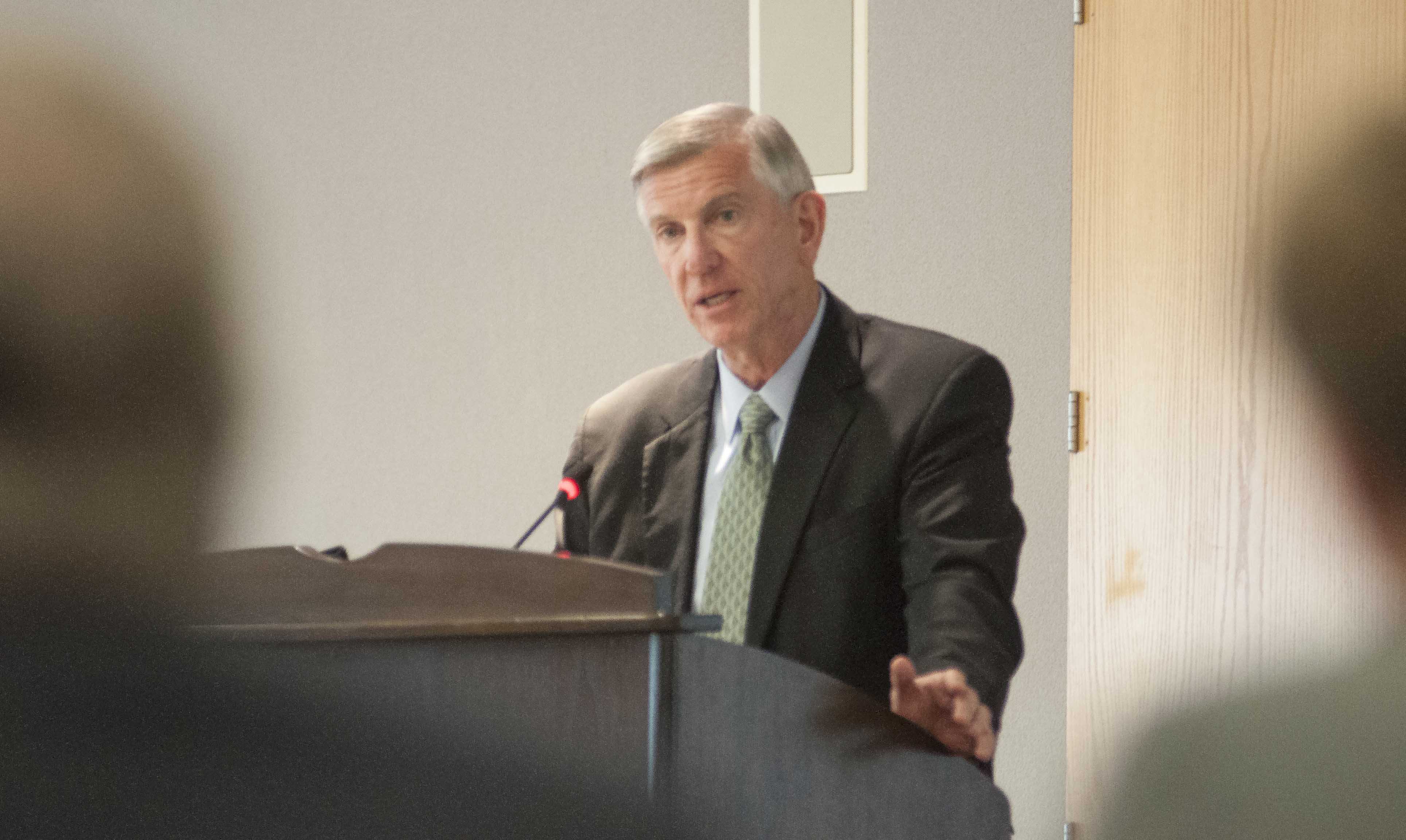 President of the UNC system Tom Ross addresses the chancellor search committee during a meeting at Appalachian State University on Tuesday. Photo by Justin Perry  |  The Appalachian