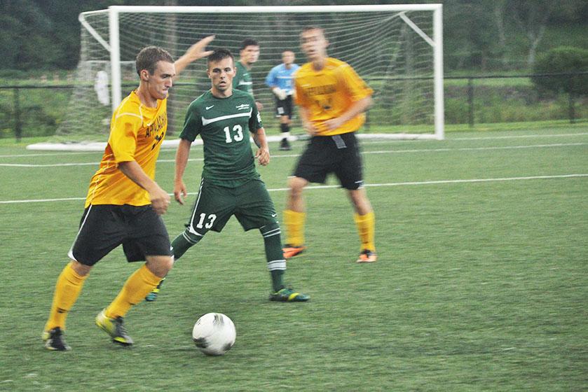 Sophomore mid-field Alex Herbst prepares to pass the ball down the field during the exhibition match against Lees-McRae College Sunday night. Appalachian State defeated Lees-McRae 3-0. Photo by Maggy Boutwell  |  The Appalachian