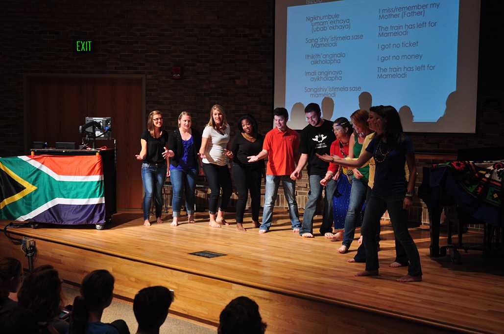 Sifunda Umcolo, a musical group of students in the Hayes School of Music, sing South African songs during their performance Monday night. The students recently travelled to South Africa to experience firsthand the culture and musical traditions. Photo by Rachel Krauza  |  The Applachian