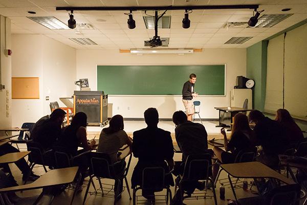 Freshman Casey Wiltgen auditions for NOUN, an improv group, in front of a panel of judges on Thursday. NOUN held auditions in the process of searching for new talent. Photo by Will Phillips  |  The Appalachian