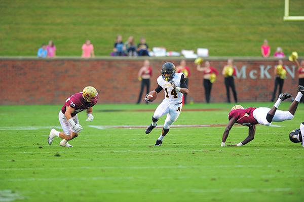 Freshman running back Marcus Cox sprints down the field during Saturday’s game against Elon. Cox had three touchdowns, helping to lead the Mountaineers to a 31-21 victory.  Photo courtesy of Keith Cline  |  Appalachian State Athletics