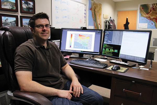 Geophysicist Scott Marshall, an assistant professor in the Department of Geology, researches tectonic stresses. His research includes 3-D models of faults in California’s Ventura Basin. Photo by Molly Cogburn  |  The Appalachian