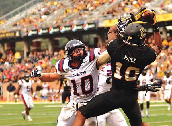 Sophomore wide receiver Sean Price catches the ball during Saturday's homecoming game against Samford. Price has been dismissed from the team due to several repeated violations of team rules, according to a statement from the Department of Athletics. Photo by Justin Perry  |  The Appalachian