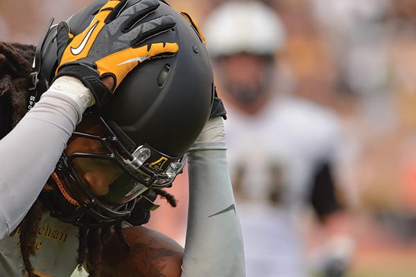 Sophomore wide receiver Sean Price appears frustrated during the first half of the home game against Charleston Southern on Saturday. Photo by Justin Perry  |  The Appalachian