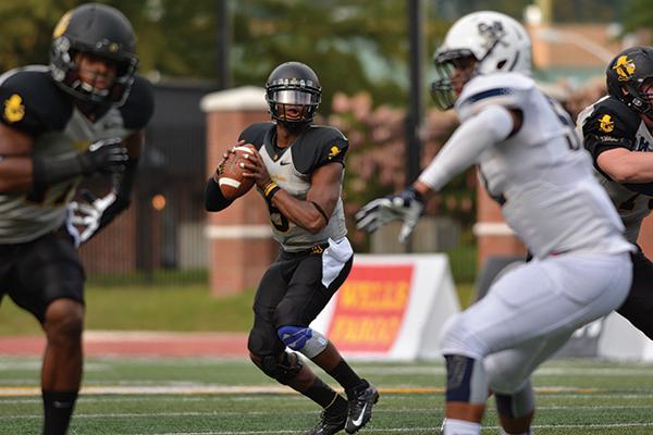Sophomore quarterback Kameron Bryant looks to pass the ball during the Sept. 28 game against Charleston Southern. Bryant has six touchdowns this season. Photo by Justin Perry  |  The Appalachian