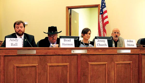 (Left to right) Boone mayoral candidates Andy Ball, Brad Harmon, Jenny Church and John Mena speak to community members at the “Meet the Candidates” forum held Tuesday. Photo by Molly Cogburn  |  The Appalachian