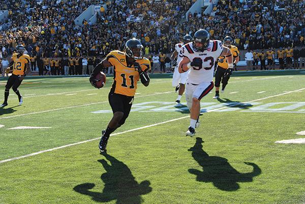 Wide receiver Andrew Peacock sprints down the field to during the 2011 homecoming game versus Samford. The Mountaineers defeated the Bulldogs 35-17 at Kidd Brewer Stadium. Photo by Olivia Wilkes  |  The Appalachian