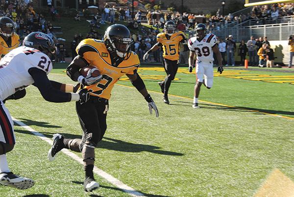 Runningback Steven Miller sprints to the endzone during the 2011 homecoming game against Samford. The Mountaineers blew past the Bulldogs for a 35-17 win. Photo by Olivia Wilkes  |  The Appalachian