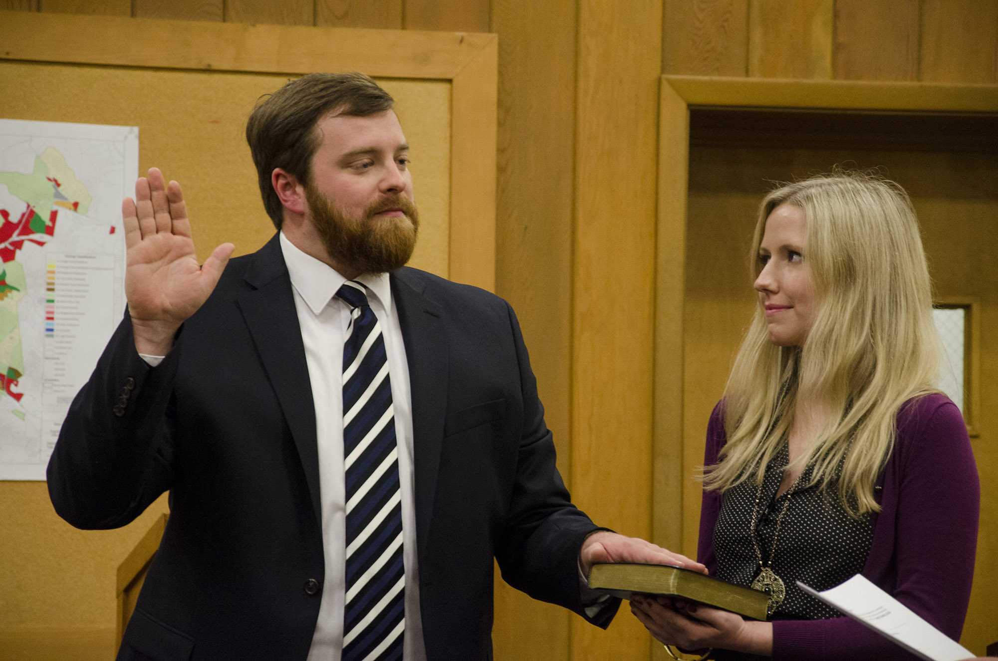 Andy Ball is sworn in as Boone’s next mayor. The former town councilman was elected in the Nov. 5 municipal election with more than half of the vote.  Michael Bragg  |  The Appalachian
