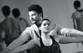 Senior theatre arts major Will Allen and junior psychology major Kaity Pechanek hold a pose Jan. 24 during the Momentum Dance Festival. The club will hold an open class Friday at 1 p.m in Varsity Gym, Studio 208. Photo by Paul Heckert  |  The Appalachian