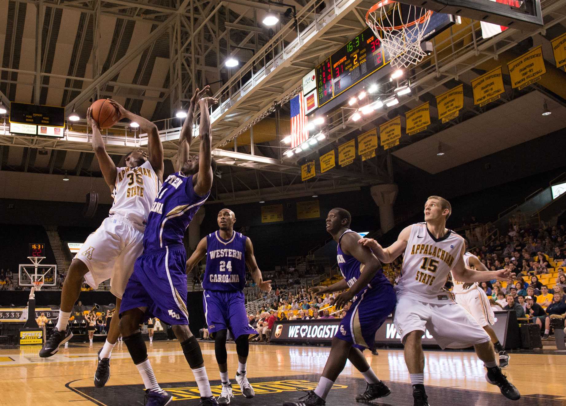 Junior forward Jay Canty's layup attempt is blocked during the second half of Thursday's game against Western Carolina. The Mountaineers fell to the Catamounts 61-74. Photo by Justin Perry  |  The Appalachian